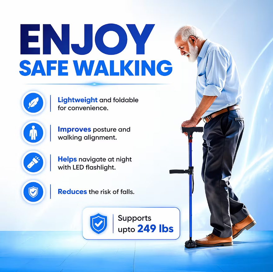 🦯 Elder Support Cane with LED light & Emergency Alert 🚨